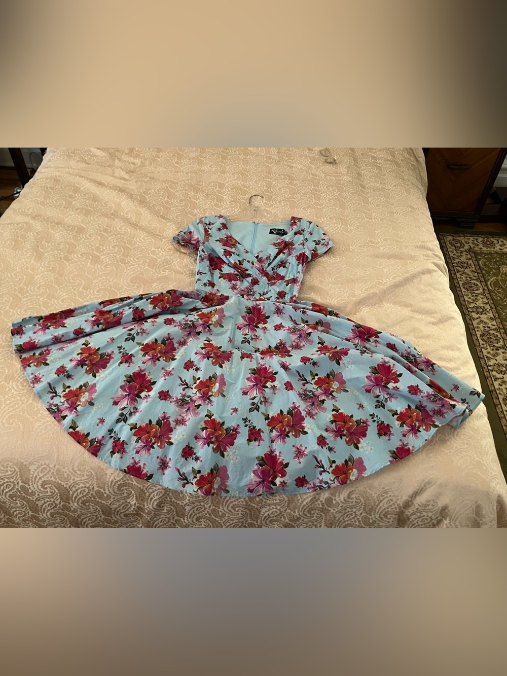 Rockabilly Fit & Flare Dress - Light Blue & Pink Floral, Size XS/UK 8/US 2